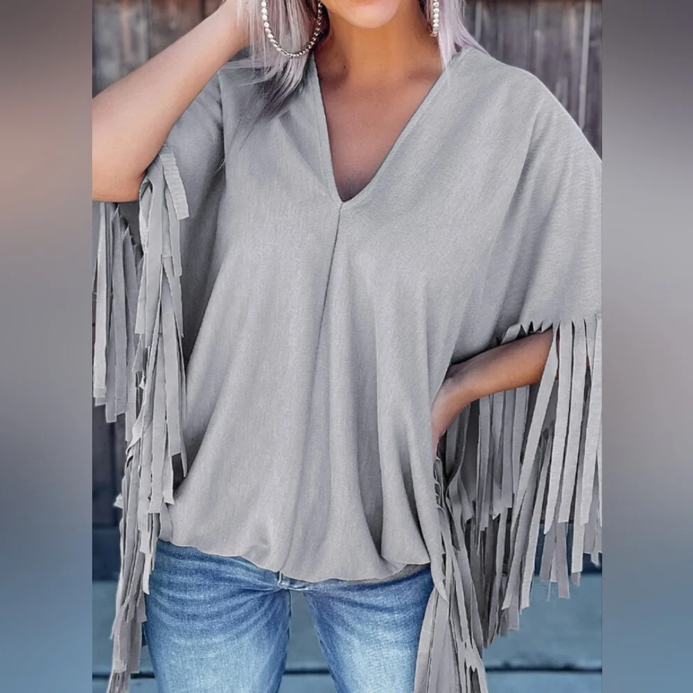 NWT Gray Fringe Poncho Top